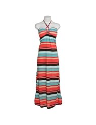 Cotton/Polyester/Spandex Striped Print Sweetheart Keyhole Beaded Halter Maxi Dress 