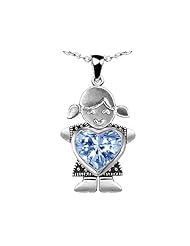 Original Star K (tm) Little Girl Holding 8mm Heart Mother Birthstone Pendant Simulated Aquamarine in .925 Sterling Silver