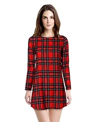Long Sleeves Polyester Plaid Print Tunic/Mini Dress 