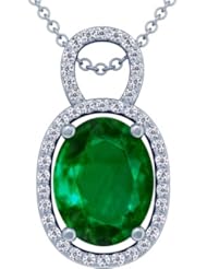 18K White Gold Oval Cut Emerald And Round Diamond Pendant (GIA Certificate)