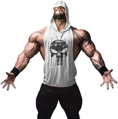 Kingsnower Mens Fashion Sleeveless Hoodie Fitness Tank Top With Kangaroo Pocket(skull-white-m)