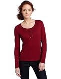 Jones New York Women's Petite Long Sleeve Scoop Neck T-Shirt with Sutache, Red Wine, Petite/Medium