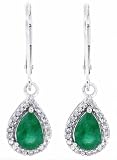 2.01ct PearShaped Genuine Emerald Dangle Earrings with Diamonds 14Kt White Gold with hinged leverbacks( A Quality)