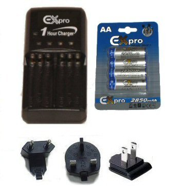 Ex-Pro Ultra Fast 1 Hour Battery Worldwide Travel Charger for AA, AAA Batteries + 4 x Rechargable 2850mAH AA Batteries. Charges 4 x AA or 2 x AAA in 1 hour includes travel adapters for UK 3 Pin, Euro 2 Pin and USA 2 Pin Flat. Specifically for Digital Camera suitable for Panasonic camera's using AA or AAA Battery