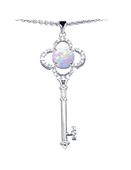 Candygem 925 Sterling Silver Created Opal Clover Key Pendant by Venezia Designs, Free 18 Inch Silver Chain, Free Gift Box.