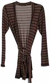 Long Sleeve Open Cardigan with Tie Waist Chocolate/Black