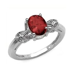 Natural 8x6MM Oval Cut 1.40 Ct Garnet and Diamond Ring In Sterling Silver In Size 6