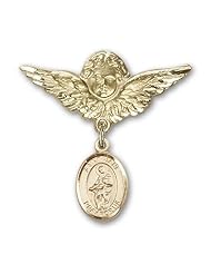 14K Gold Baby Badge with St. Jane of Valois Charm and Angel with Wings Badge Pin