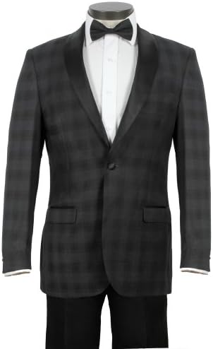 Men's Plaid Slim Fit 1 Button Shawl Tuxedo Jacket - (38 Regular, Black Plaid)