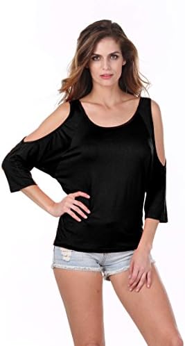 Meaneor Women's Print Cold Shoulder Blouse Top 3 4 Sleeve Batwing Black M