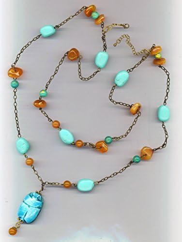 Turquoise Amazonite, Agate, Howlite Gemstone with Egyptian Scarab Necklace
