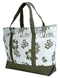 Hibiscus & Palm Tree Canvas Tote Bag / Green /Large