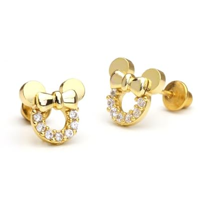 Cheap Girls Jewelry 14k Gold Plated Minnie Mouse Children Screwback Earring With 925 Silver Post Baby, Toddler, Kids & Children For Sale