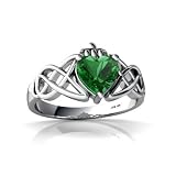 14K White Gold Heart Created Emerald Celtic Claddagh Knot Ring