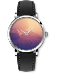 SPRAWL Aanalog Fashion Series Silver Ladies Watches of Genuine Black Leather Strap,Unique Wrist Watch for Women Girls Designed with Black Clouds and tree on the field