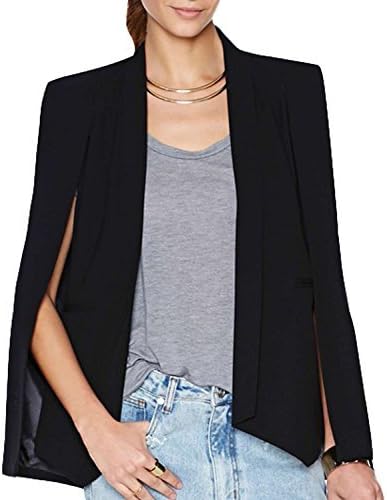 Inlscp Women's Long Sleeve Pocket Cloak Slit Loose Fashion Blaer Suit Black S