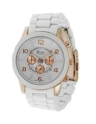 Geneva Platinum 9158 Womens Decorative Chronograph-style Matte Finish Link Watch-WHT/RGOLD