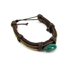 Leather String Jade Bracelet, Brown Leather with Jade Nugget