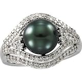 09.00Mm Round/Near Round 14K White Gold Tahitian Pearl And Diamond Ring