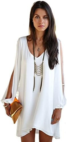 Womens off shoulder slit sleeve V-neck A-line irregular hem chiffon mini dress (XL, White)