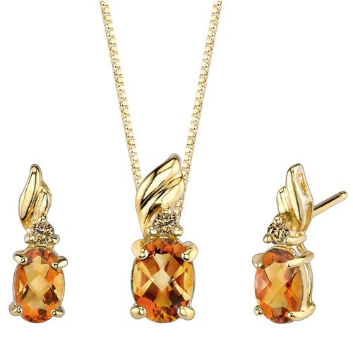 Childrens Toyshop  Jewelry : Lavish and Graceful 1.50 cts Oval Checkerboard Citrine Diamond Pendant Earrings Set 14Kt Yellow Gold