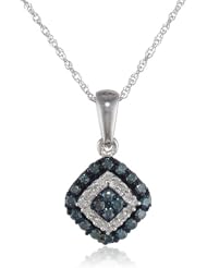 10k White Gold Blue and White Diamond Square Pendant Necklace (1/4 cttw, I-J Color, I3 Clarity), 18"