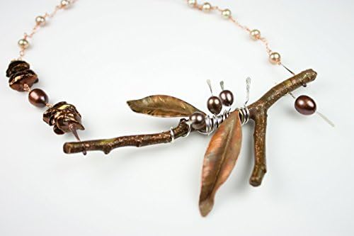 Real Twig Encased in Copper Necklace with Handmade Leaves and Freshwater Pearls