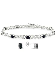 Sterling Silver Black Sapphire and Accent Diamond Earring and Bracelet Set, 7.5", (0.005 Cttw, H-I Color, I3 Clarity)