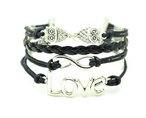 Bracelet Karma Mixte - Love/Infini/Hibou - Cordon/Métal - Noir/Argenté