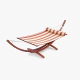 RST Outdoor Cantina Wood Arc Hammock with Striped Polyspun Hammock Set with Bolster Pillow Patio Furniture