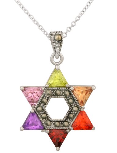 JanKuo Jewelry Silver Tone Multi-Color Cubic Zirconia CZ Jewish Star of David Pendant and 16