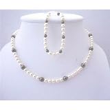 Brd450 Flower Girl Swarovski Pearls Jewelry Ivory & Brown Swarovski Pearls Necklace & Bracelet with Gift Box
