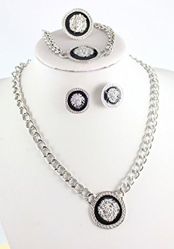Trendy Shiny Silver-tone Enamel Lion Head Choker Necklace Bracelet Earring Ring Jewelry Set