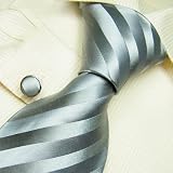 NEW Y&G Designer Hand Made Silver Grey Stripes 100% Jacquard Woven Pure Silk Mens Neck Tie and Cuff Links Set 1002