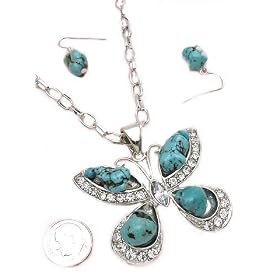 Beautiful LARGE and Chunky Turquoise Butterfly and Crystal Charm Necklace and Turquoise Earrings...