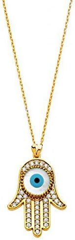 14 K Solid Yellow &amp; White Gold Italy CZ Hamsa Evil Eye Pendant 0.8 mm Fancy Angled Rolo Necklace 18 IN