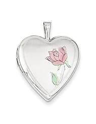 Heart Locket with Enameled Rose in 14K White Gold