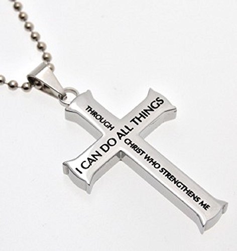 Christian Mens Stainless Steel Christ Who Strengthens Me Phil. 4:13 Iron Cross Necklace - 24