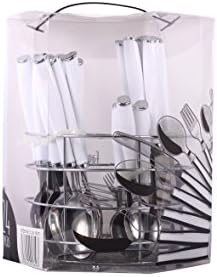 24-Piece Stainless Steel Plastic handler Flatware Set, Service for 6 with Utensil Holder- 6 pcs Knives, 6pcs Forks, 6 pcs Soupspoom, 6 pcs Tea Spoon (White)