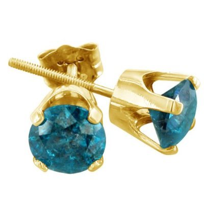 14 K Yellow Gold Blue Diamond Stud Earrings 1 cttw.