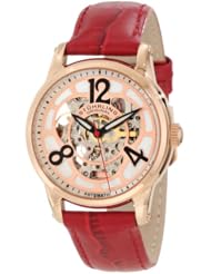 Stuhrling Original Womens 365.134H7 Vogue Audrey Rosetta Automatic Skeleton Mother-Of-Pearl Dial Red Leather Strap Watch