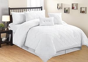 7 Pieces Luxury White Diamond Pintuck Linen Comforter Set / Bed-in-a-bag King Size Bedding