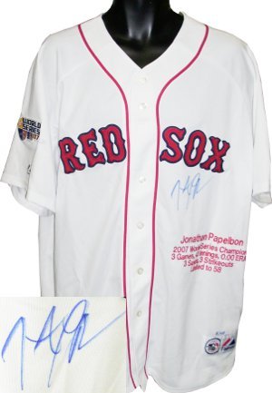 Jonathan Papelbon signed Boston Red Sox White Jersey w/ 2007 WS Patch and Embroidered Stats- MLB Hologram