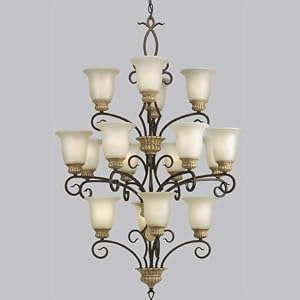 Villa Cortona Sixteen-Light Three-Tier Chandelier in Pietra Crackle and Weathered Bronze