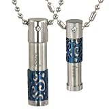 Stainless Steel Couple Cubic Zirconia "Only Love" Cylinder with Blue Lattice Pendant Necklaces Set 18"