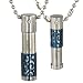 Stainless Steel Couple Cubic Zirconia "Only Love" Cylinder with Blue Lattice Pendant Necklaces Set 18"