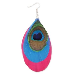 Pink and Turquoise Peacock Feather Dangle Earring - Featured in Glamour Magazine - Sold As A Pair