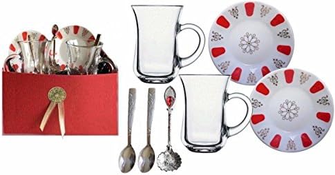 Tea Gift Set: Turkish Tea Cups with Handles, Tea Saucers &amp; Stainless Steel Spoons