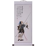 Hand-Painted 48" Oriental Wall Art Scroll - Chinese Fisherman With White Border