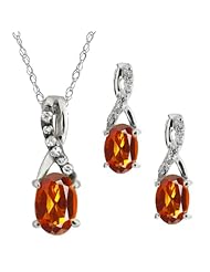 1.31 Ct Oval Orange Red Madeira Citrine 18k White Gold Pendant Earrings Set